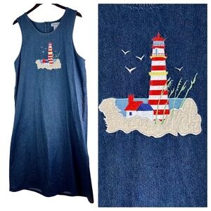 Westbound Sz Medium Overall Dress Maxi Jean Denim Jumper Lighthouse Coastal Blue